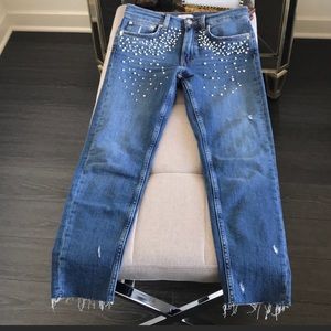 Zara Raw Edge Pearl Embellished Jeans 